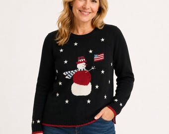 Christopher Banks Patriotic Snowman Flag Stars Embroidered Sweater Sz M Holiday