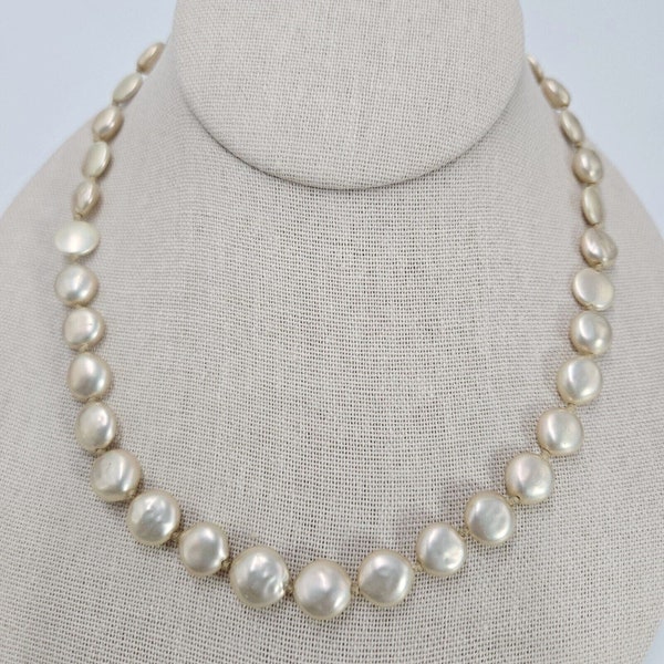 Vintage Monet Cream Faux Coin Pearl Necklace Gold Tone 18" Hand-Knotted