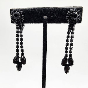 Vintage Unsigned Albert WEISS Jet Black Rhinestone w/ Dangles Clip-on Earrings