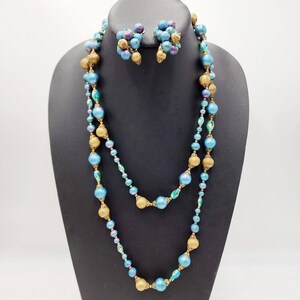 Vintage Rare Judy lee Blue Purple Chacha Earrings 54&quot; Long Necklaces Demi Parure