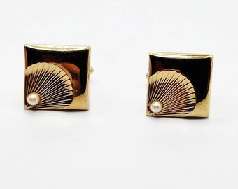 Vintage Gold Tone SWANK Square Art Deco Design Shell Faux Pearl Cufflinks