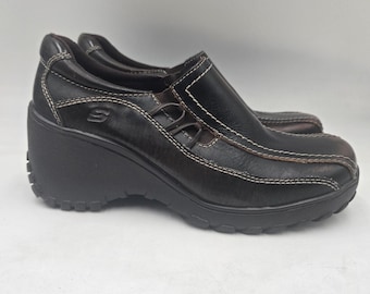 Y2K Vintage Brown Leather Wedge Loafers Skechers Sz 8 Grunge New Old Stock Punk
