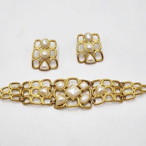 Vintage Avon Runway Modernist Faux Pearl Satin Gilt Bracelet Earring Demi Parure