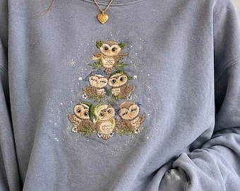 Morning Sun Y2K Schnee Eulen Sweatshirt mit Rundhalsausschnitt für Damen Sz XL Cottagecore