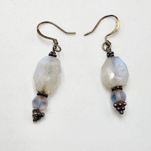 Vintage White Natural Moonstone Sterling Silver Beads Dangle Boho Hook Earrings