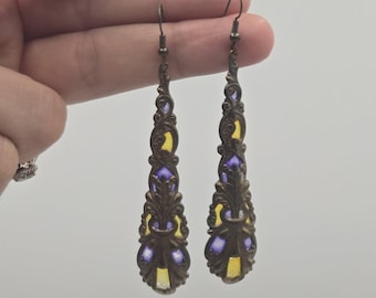Vintage Plique A jour Enamel Earrings Brass Filigree Victorian Style Long Dangle
