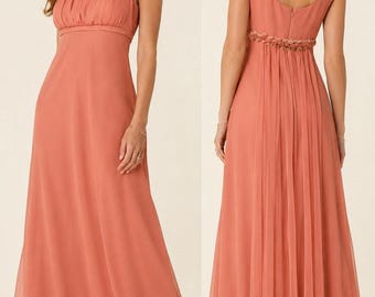 Abito da ballo vintage anni '90 Chadwicks da donna, taglia 12P, in chiffon rosa pesca, ideale per matrimoni e damigelle d'onore.