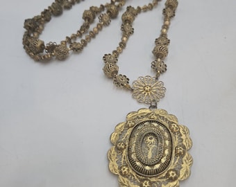 Antique Phillipines Tambourine Reliquary Necklace Gilt Filigree Cannetille