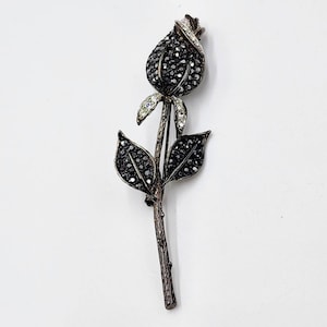 Vintage Rare Kenneth Jay Lane KJL Black Crystal Rose Flower Brooch Gunmetal Pin