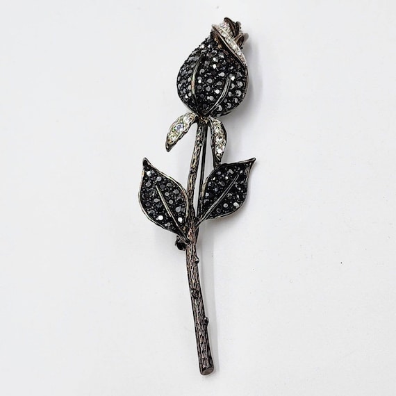 Vintage Rare Kenneth Jay Lane KJL Black Crystal Rose Flower Brooch