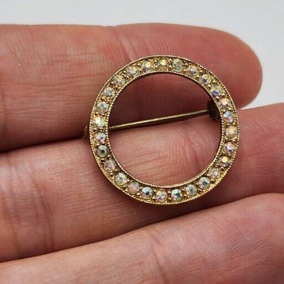 Vintage Brooch Open Circle Gold Tone Sparkling AB… - image 2