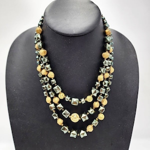 Vintage 3 Strand Multi Dark Green Gold Tone Acrylic Bead Necklace Box Clasp 18&quot;