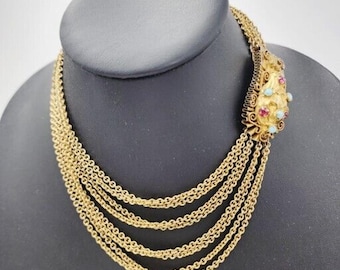 Vintage Art Nouveau Etruscan Revival Jewel Clasp Multi Strand Gold Tone Necklace