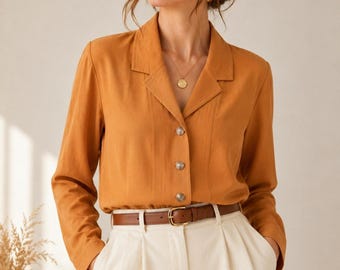 Blusa vintage de los 90 con botones, talla 14, color amarillo mostaza, estilo cursi y original, ideal para profesoras.