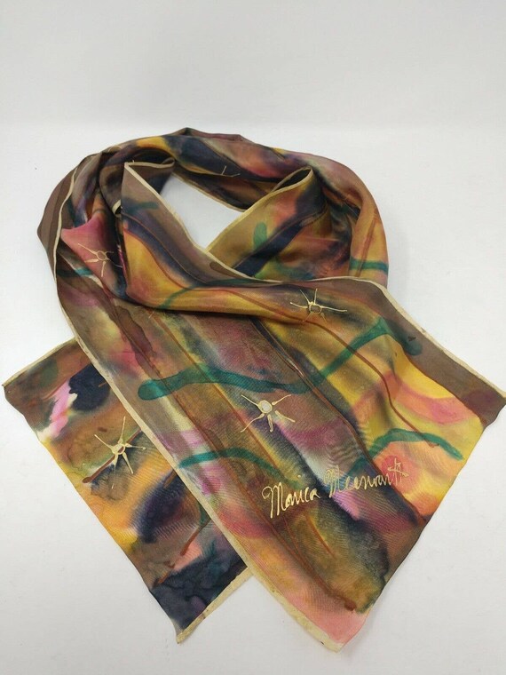 Hand Painted Dyed Silk Scarf Gold Rose Pink Purpl… - image 1