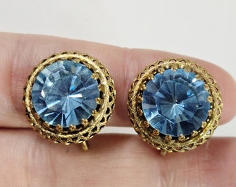 Vintage Gold Tone Blue Headlight Sparkling Rhinestone Clip Earrings Statement