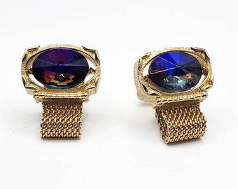 Vintage SWANK Purple Green Blue Rivoli Rhinestone Mesh Wrap Around Cuff Links