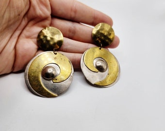 Vintage Round Brass And Silver Tone Metal Large Dangle Earrings Boho Spiral Post