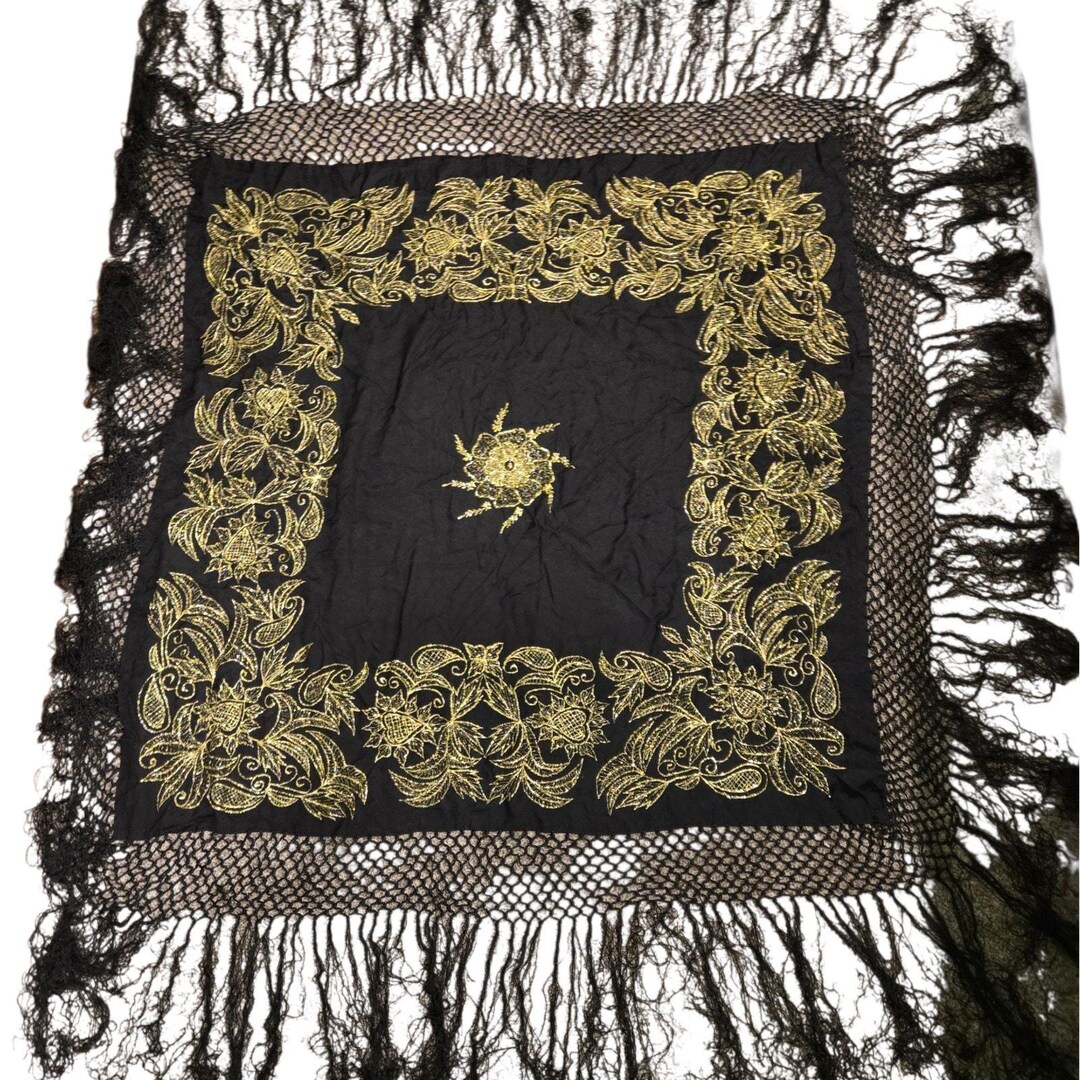14thaddition rare fringe stole 希少 Vintage Mary Mcfadden Square Black/gold Piano Shawl Tassel Fringe