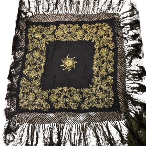 14thaddition rare fringe stole 希少 Vintage Mary Mcfadden Square Black/gold Piano Shawl Tassel Fringe