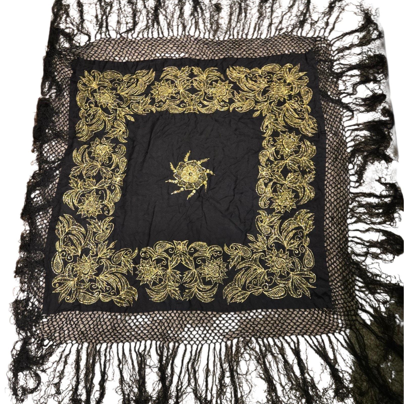 Vintage Mary Mcfadden Square Black/gold Piano Shawl Tassel Fringe 
