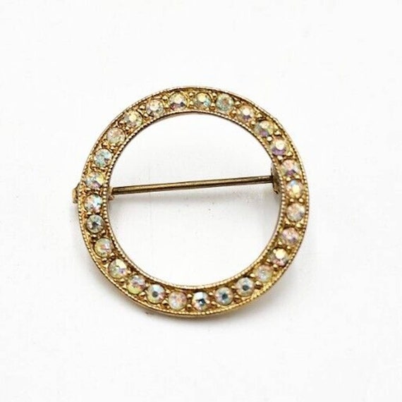 Vintage Brooch Open Circle Gold Tone Sparkling AB… - image 1