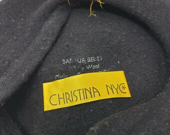 Vintage Yellow Feather Womens Black 100% Wool Basque Beret Christina NYC Artsy Vintage Yellow Feather Womens Black 100% Wool Basque Beret  main image 4