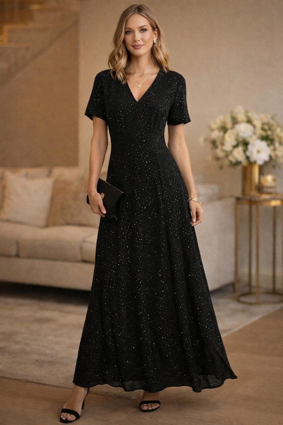 Jaeger, Vintage Jaeger Great Britain Size 14 90s Black Maxi Sparkle Dress Old Money
