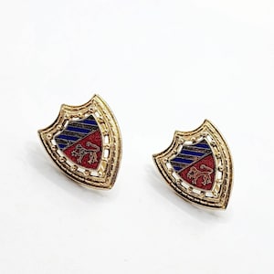 Vintage MCM Coat of Arms Lion Shield Star Screwback Red Enamel Earrings Preppy