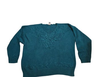 Maglione vintage Grandmacore 24W verde ricamato, lavorato a maglia, anni '80 e '90