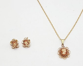 Vintage Small Filigree Cameo 12K GF Carla Pendant Necklace Earrings Demi Parure