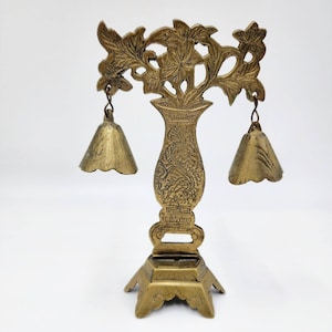 Vintage Solid Brass Bell Stand With Double Bells & Engraved Designs Chinese