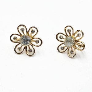 Vintage CORO Gold Tone Openwork Rhinestone Petal Flower Screw Back Earrings