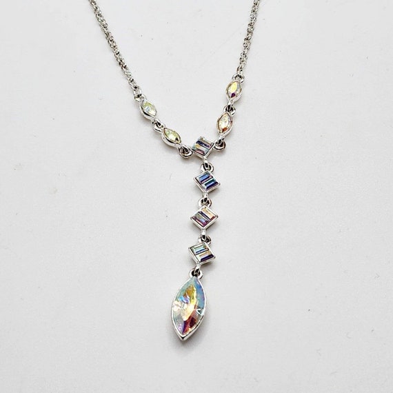 Sparkling Givenchy Pendant Y Drop Necklace Silver Tone AB