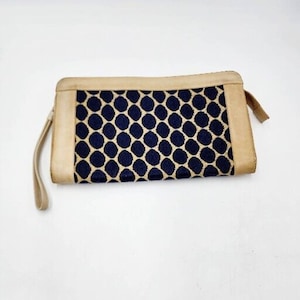 Vintage 1960s RUTH E SALTZ Beige Leather And Navy Polka Dot Fabric Clutch Purse