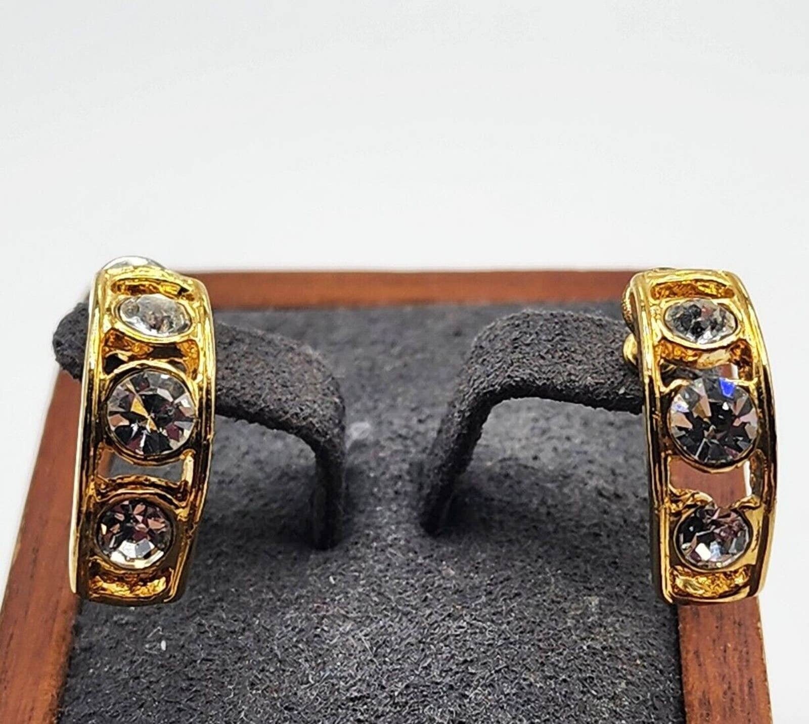 Vintage Monet Gold Tone Triple Clear Rhinestone Half Hoop