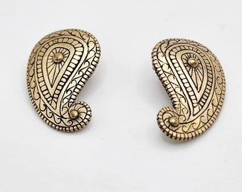 Vintage Bergere Antiqued Gold Tone Large Statement Post Pierced Earrings Paisley