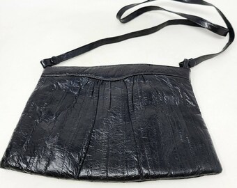Vintage Black Eel Skin Handbag Shoulder Clutch Leather of the Sea 22&quot; Drop Strap