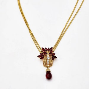 Vintage Sparkling Austria Red Crystal Gold Tone Pendant Necklace 22&quot; Long NOS