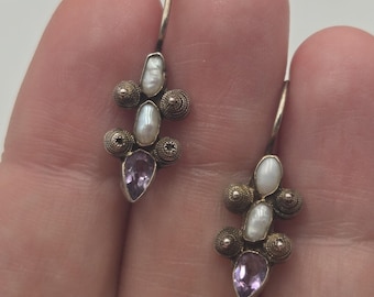 Vintage 925 Sterling Silver Etruscan Rice Pearl Amethyst Drop Earrings Byzantine