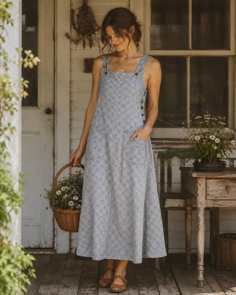 VTG Pulp Overall Dress Floral Sz S Earthy Tencel Lyocell Pockets USA Cottage image 1