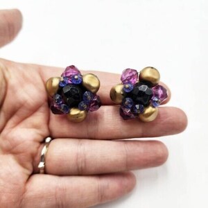 Vintage West Germany Blue Purple Gold Tones Cluster Beaded Clip On Earrings