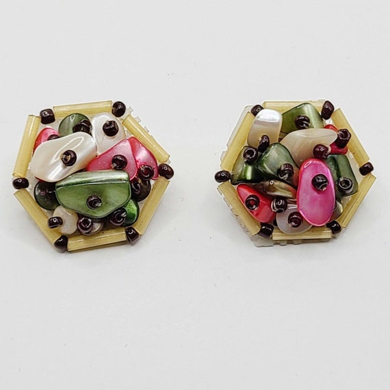 Vintage Handmade Japan Colorful Shell Cluster Cli… - image 1