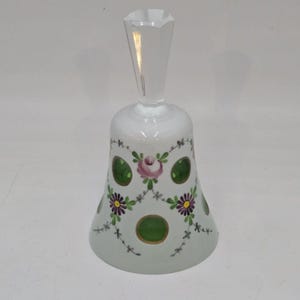 Vintage BOHEMIAN CRYSTAL CZECH Milk White Cut to Green 5&quot; Bell Cottage Core