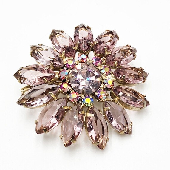 Vintage Gorgeous Open Back Purple Crystal Ornate Flower Pin Brooch