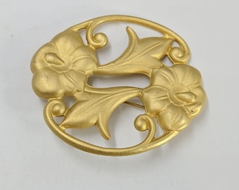 Vintage Art Nouveau Revival Brooch Matte Gold Tone Pin 2" Flowers