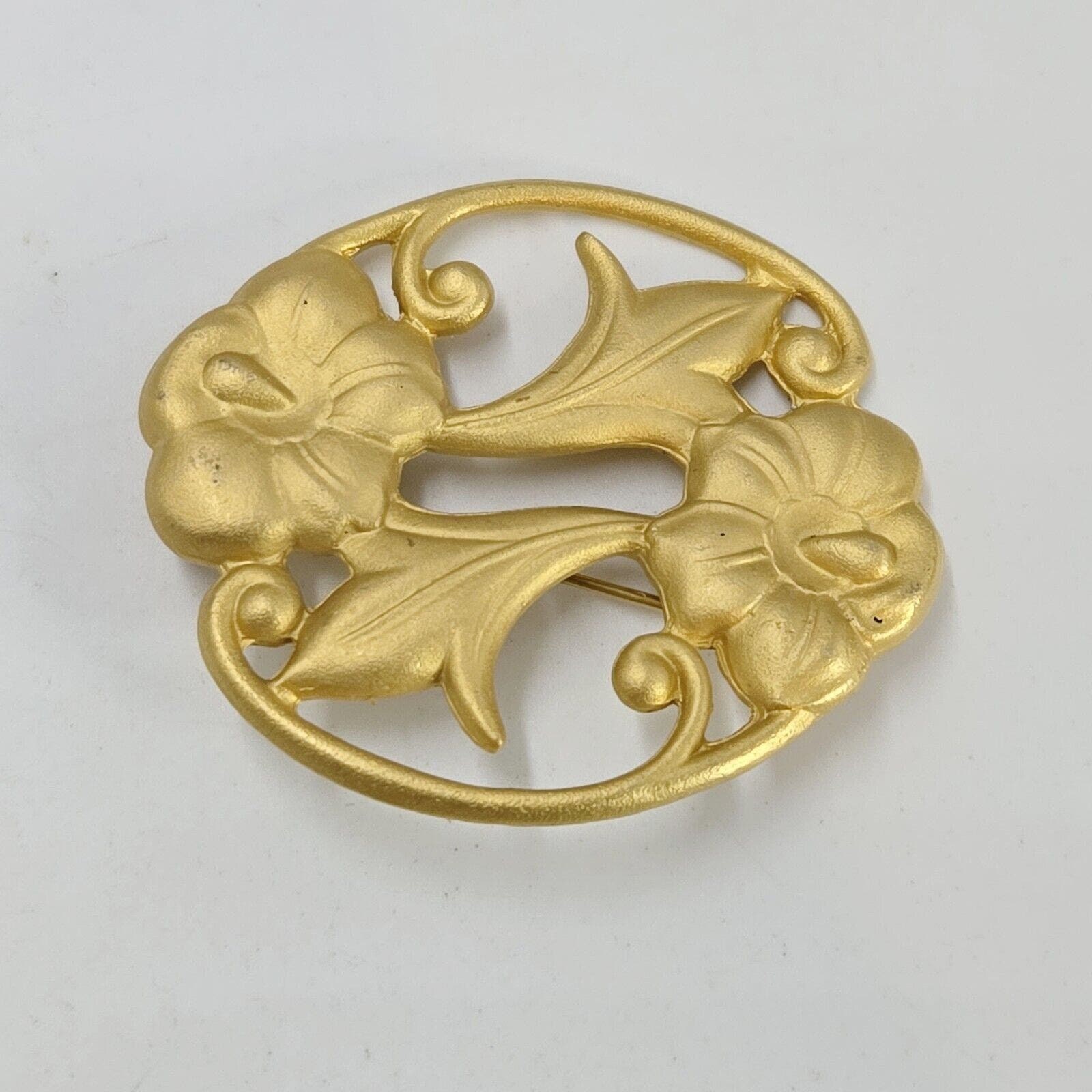 Vintage Art Nouveau Revival Brooch Matte Gold Tone Pin 2" Flowers