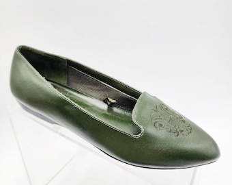 Vintage Loafer Flats Cuero Verde Oliva 7.5 Mocasines Fumar Bordados Soho