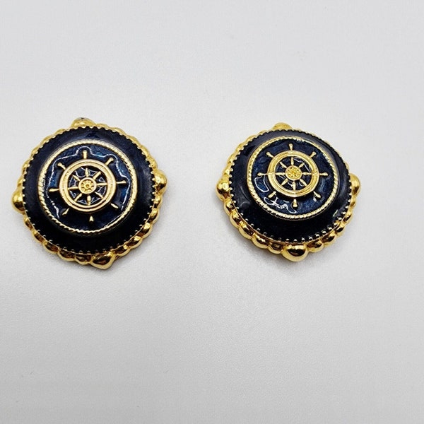 Vintage Kerissa Goldtoned Blue Enamel Naval Nautical Wheel Clip-On Earrings