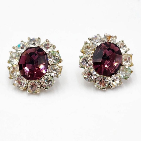 Vintage B.A. Ballou Purple White Rhinestone Clip Earrings - 1934 PAT. 1967965